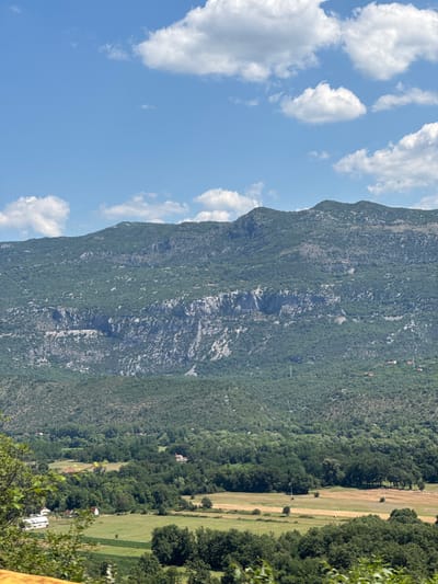 This image depicts a scenic view of a mountainous landscape with a village nestled in the valley below. The sky is a vibrant blue with scattered white clouds, suggesting a clear, sunny day. The foreground shows a section of lush green trees and foliage, hinting at a natural or park-like setting. In the midground, the valley unfolds with agricultural fields, patches of trees, and a few small buildings, suggesting a rural community. The background is dominated by a large, imposing mountain range, covered in dense green vegetation and characterized by rocky outcrops and varied terrain. The overall impression is one of natural beauty and tranquility, with the human settlement appearing harmoniously integrated into the environment. The specific location within Montenegro is not identifiable from the image itself.