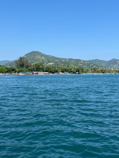 The image shows a view of the coastline in Pemenang Timur, Indonesia, with the sea on the right and land on the left. The sea is a deep blue, with small waves creating a textured surface. On the land, there is a narrow beach with several boats parked along the shore. Behind the beach, there is a strip of lush green vegetation, including trees and shrubs. In the background, a mountain range covered in greenery rises up, extending along the coast. The sky is a clear, light blue.