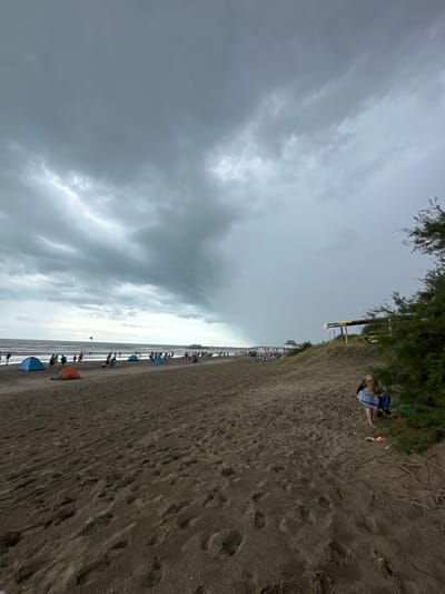 The scene depicts a wide view of a sandy beach in Mar del Tuyú, Argentina, under a heavily overcast sky. The sky occupies the upper two-thirds of the frame, dominated by dark grey, dense clouds, with lighter grey rain-laden areas visible on the right. The lower third of the image shows a dark, damp-looking sand beach, extensively marked with footprints, extending from the foreground towards a water body (ocean/sea) on the left horizon.
Along the mid-distance shoreline, numerous individuals are dispersed across the sand and near the water. Several portable beach shelters are visible, including at least three blue tents and one orange tent. A black flag on a pole is planted near the water's edge. In the far distance on the left, a long pier with multiple structures extends into the water.
To the right of the frame, the sandy beach transitions into a vegetated dune covered with dense green shrubs. Near the dune, a yellow-canopied structure, possibly a beach service or lifeguard post, is present. In the lower right foreground, partially obscured by the dune vegetation, a female individual is visible from behind, facing left. She is wearing a light-colored top and a blue and white patterned wrap or towel. Her bare feet are visible, and a pair of pink sandals are on the sand beside her.
