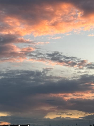 The image captures a dramatic sky filled with clouds during what appears to be sunset or sunrise. On the left side of the frame, the clouds are illuminated with a warm, peachy-orange hue, suggesting they are catching the last rays of sunlight. These clouds are voluminous and textured, creating a sense of depth.
As the eye moves towards the right, the clouds transition into darker, more somber shades of gray and deep blue. These darker clouds appear denser and more imposing, creating a stark contrast with the lighter, warmer clouds. A sliver of bright yellow light can be seen peeking through the dark clouds on the far right, hinting at the sun's position.
The overall scene evokes a sense of awe and perhaps a touch of melancholy, common with dramatic sky formations at dusk or dawn. The absence of any discernible people or man-made objects in the main portion of the sky implies the focus is solely on the natural phenomenon. The right edge of the image shows a dark vertical element with lights, potentially streetlights or poles, indicating an edge of a developed area, possibly urban or suburban. The orientation of the image, with the sky filling the frame, suggests the photograph was taken looking upwards.
The time of day is clearly transitional, either early morning or late evening, given the lighting on the clouds. The weather appears dynamic, with varying cloud densities and colors. The location context of Drozhzhino, Russia, doesn't add specific visual cues to the sky itself but places the observation in a specific geographic area. There is no visible text in the image.