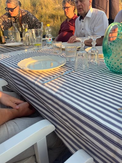 An outdoor dining scene is depicted in Skagen, Denmark, illuminated by golden hour sunlight. At least four individuals are seated around a rectangular table draped with a white tablecloth featuring thin blue horizontal stripes. On the left, a woman with pulled-back grey hair and sunglasses, wearing a dark patterned top, leans towards the table near a green bottle and a clear water carafe containing a lime slice. Next to her, a man with curly grey hair and glasses, in a maroon polo shirt, looks right. To his right, a man in a white short-sleeved button-up shirt has his hands resting on the table. The table is set with multiple white, scalloped-edge dinner plates, various clear drinking glasses (tumblers and stemware), a plastic bottle of Faxe Kondi water, and a light blue knife. A prominent, textured, aqua-colored glass pitcher with a handle is positioned on the far right. The background displays tall, dry grasses characteristic of coastal dunes, bathed in the low, warm sunlight. The lower left foreground shows the arm and leg of an additional seated person.