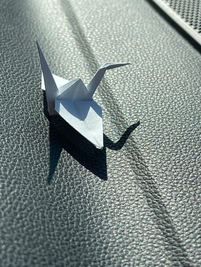 A white origami paper model, resembling a stylized paper airplane or bird with sharp folds and upward-pointing elements, is the central focus. It rests on a dark gray, heavily textured surface, similar to pebbled leather or a durable plastic interior. The texture creates numerous small, glinting highlights under the strong light.
Direct sunlight from the upper left casts distinct, elongated shadows of the origami piece onto the textured background, revealing the intricate angles and depth of the paper folds. In the upper left portion of the image, a narrow, perforated grille or vent, possibly part of a car's dashboard or air conditioning system, is partially visible.
The sharp shadows and bright highlights indicate a sunny day, likely taken during mid-morning or mid-afternoon. The setting suggests the interior of a vehicle. There is no activity or human presence, and no visible text. The photograph captures this still life in Yastrebovo, Bulgaria.