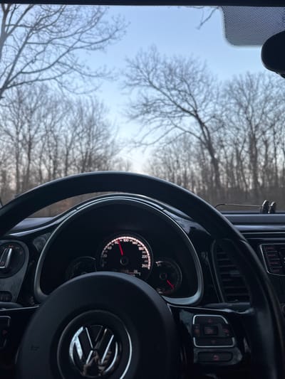 The image depicts an interior view from a moving vehicle, located in the city of Kumanovo, Bulgaria. The perspective is through the windshield, focusing on the vehicle's dashboard and the external environment.
In the foreground, a black multi-function steering wheel with a chrome Volkswagen emblem is prominently visible. A faint, distorted reflection of the person holding the camera is discernible on the emblem. Behind the steering wheel, the instrument cluster displays a speedometer with a needle indicating a speed of approximately 80 km/h. A digital readout below the speedometer shows "17:49" and "D6," indicating the time and the vehicle's gear selection. To the right of the steering wheel, a section of the dashboard features air vents and part of an infotainment system with visible buttons for "RADIO," "MEDIA," and "PHONE."
The external environment, seen through the windshield, consists of a dense line of leafless deciduous trees, suggesting a late autumn or winter setting. These trees form a corridor along what appears to be a road or path, extending into the background. The sky above the tree line is clear and light blue. The scene indicates the vehicle is actively in motion through a forested or semi-rural area within the specified city.