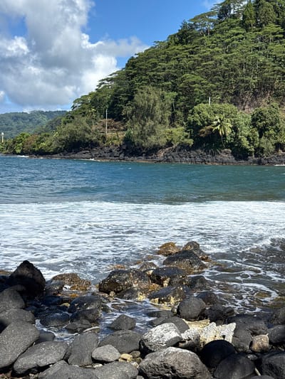 This image depicts a coastal scene in Hitiaʻa ʻo te Rā, France, under a partly cloudy sky. The foreground is dominated by a collection of dark, irregular volcanic rocks of various sizes, some appearing wet and glistening from recent contact with water. Patches of greenish-brown organic material are visible on several rocks.
The midground features the ocean, with clear, blue-green water. A line of white, foamy waves actively breaks and recedes over the foreground rocks, extending across the lower-mid portion of the frame. Further out, the water surface shows ripples and less turbulent motion.
The background consists of a steep, lushly vegetated mountain or hill rising directly from the rocky coastline. The mountain is densely covered in various types of green trees, many exhibiting broad, flat canopies. The base of the mountain meets the ocean with dark, rugged volcanic rock formations. On the far left, a light-colored, slender structure, possibly a lighthouse or communication tower, is discernible on a distant headland. The sky is bright blue with scattered white cumulus clouds, indicating fair weather. No human subjects are visible in the scene.