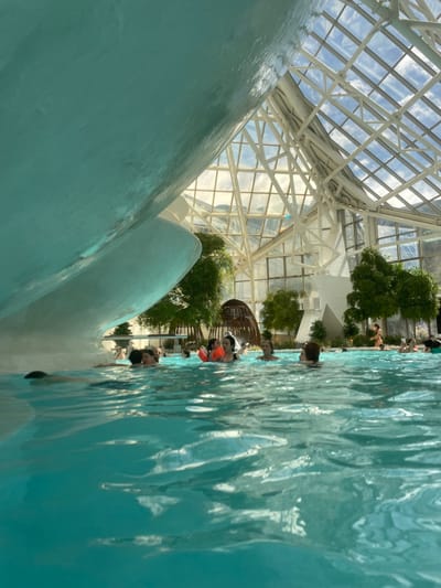 The image shows a swimming pool at Caldea in Les Escaldes, Andorra. People are swimming in the water. The pool is located inside a building with a glass and white metal frame structure that creates a greenhouse effect. Artificial rock formations are present near the pool edge. Trees are also visible within the interior space. The water surface reflects the overhead structure.