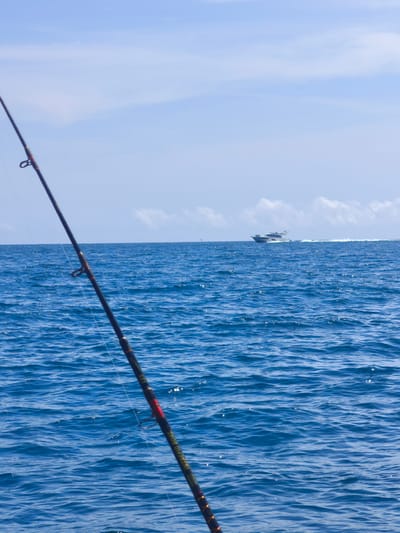 The image captures an open sea environment in Sueca, Spain, under a clear, bright sky. A dark-colored fishing rod, featuring red and yellow detailing and partial text reading "INTREPID BOAT," occupies the foreground, angled diagonally from the lower left to the upper right quadrant. Fishing line is discernible extending from the rod's guides into the blue water. The ocean exhibits numerous small waves and ripples, with scattered glints of sunlight reflecting off the surface. In the mid-distance, a white motor yacht or speed boat is in motion, traversing from left to right and leaving a distinct white wake behind it. A small, faint white object, consistent with a distant sailboat or buoy, is visible on the far left horizon. The sky is a light blue with minimal, diffuse white cloud formations. No individuals are explicitly visible.