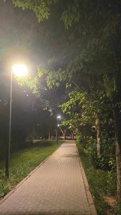 This is a photograph taken at night in Razvilka, Russia. The image depicts a paved walkway lined with grass and trees. A lamppost illuminates the path, casting a bright glow and creating a lens flare effect in the lower left quadrant of the image. The trees, with their green leaves illuminated by the light, are a prominent feature on the left side of the walkway. In the background, out of focus, there appear to be buildings and parked cars, suggesting a residential or park area. The overall mood is serene and quiet, characteristic of a nighttime scene in a suburban or park environment. There is no visible text in the image.