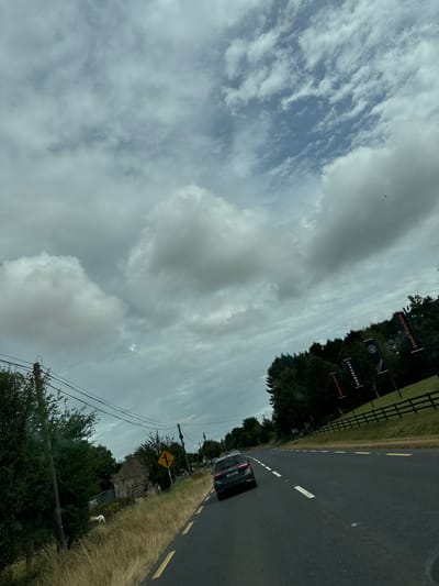 The image depicts a cloudy day in the countryside, likely along a road in the New Ross Municipal District, Ireland. A dark-colored car is driving on the right side of the asphalt road, which has yellow dashed lines marking the lanes. To the left of the road, there is a grassy verge with dry grass and a small, old stone building. A wooden utility pole with power lines stands near the building. Further down the road, a row of trees lines the right side, with some flags visible behind them. The sky is filled with dramatic, gray and white clouds. The scene is captured from a moving vehicle, suggesting the photographer is a passenger. There are no visible people in the image.