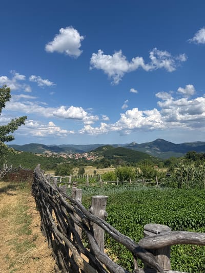 A rustic wooden fence runs diagonally across the foreground of the image, separating a dry, grassy area to the left from a lush green vegetable patch on the right. Beyond the fence, rolling green hills dotted with trees stretch into the distance, culminating in a small village nestled in a valley. The village features red-tiled roofs and is surrounded by more hills. The sky above is a vibrant blue, punctuated by fluffy white clouds. The scene appears to be a rural landscape in or near Karaveliovo, Bulgaria, on a sunny day.