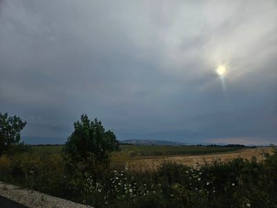 The image depicts a rural landscape in the vicinity of Dobrusha, Bulgaria, under a dramatic sky. The foreground is dominated by a gravelly path on the left, bordered by a dense growth of wild grasses and wildflowers, predominantly small white blossoms. To the right of the path, a lush green bush stands prominently. Further into the scene, fields stretch towards a distant horizon. One field appears to be a harvested or dried crop, with visible rows, while another is a darker green, possibly a cultivated crop like sunflowers. The background features rolling hills and mountains, softened by distance and the atmospheric conditions. The sky is heavily clouded, with patches of sunlight breaking through, creating a bright, diffused glow around the sun in the upper right quadrant. The overall impression is one of a rural vista, likely captured during late afternoon or early evening, with the weather contributing to a slightly somber yet luminous atmosphere. There are no people or animals visible in the image.