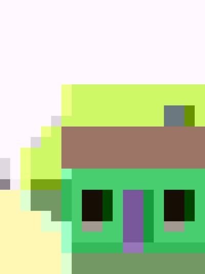 The image shows a pixelated representation of a small, green house with a brown roof. It has two dark windows and a purple door. There's a chimney on the roof and some pixelated landscape suggesting ground and sky. The style suggests a simplistic, possibly game-related, rendering. There's no indication of Mountain View, United States of America, or any other location. No people, actions, or interactions are depicted.