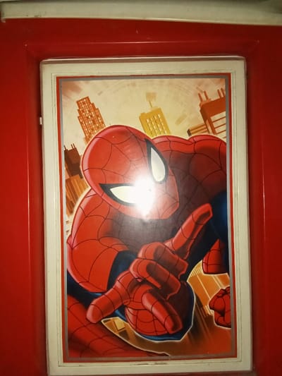 The image displays a vertically oriented, framed illustration of the Marvel character Spider-Man, set within a red panel. The illustration depicts Spider-Man from the chest up, positioned slightly right of center, in a dynamic pose. He wears his iconic red and blue suit, detailed with black web patterns and large white eye lenses. His right arm is bent, with his hand extended forward, displaying the web-slinging gesture where his index and middle fingers are extended, and his ring finger and pinky are curled. A strong, bright light reflection obscures part of his head and the upper portion of his extended hand. The background of the illustration features a stylized, light-beige city skyline with various brown, orange, and yellow high-rise buildings. The framed illustration has a white inner border and a thin gray line along its perimeter. This framed piece is recessed into a larger, uniformly red surface, possibly a wall panel or door, with a narrow white horizontal strip visible at the top edge of this red surface. The scene is located in the city of Inxuba Yethemba Local Municipality, South Africa.