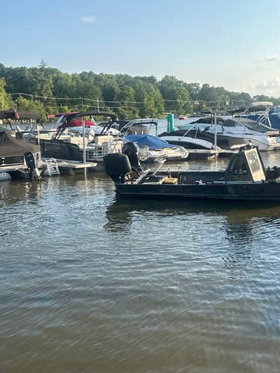 A harbor in Algonquin, United States of America, is depicted from a low angle, showcasing a collection of various boats docked on a body of water. The foreground is dominated by the rippling surface of the water, reflecting the sky and surrounding objects. In the middle ground, several boats are moored at a dock. These include a dark-colored, utilitarian boat with an outboard motor in the front right, a black pontoon boat with a covered canopy and an outboard motor on the left, and other smaller boats with canopies and outboard motors. A white pontoon boat with a red and white canopy is visible behind the black pontoon boat. In the background, a lush line of green trees forms a dense forest bordering the water. The sky above is a clear, light blue with a few wispy clouds, suggesting a sunny day. The overall scene conveys a peaceful, recreational atmosphere of a marina.