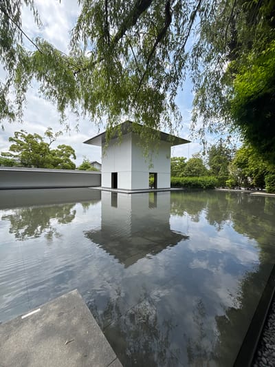 This forensic image captures an outdoor architectural scene at the 21st Century Museum of Contemporary Art in Kanazawa, Japan. A minimalistic, white cuboid building, topped with a dark, flat overhanging roof, is centrally positioned within a large, shallow, dark-tiled water feature. The building exhibits at least two recessed, dark, rectangular openings on its visible facade, suggesting doorways.
The water feature reflects the building, sections of the partly cloudy blue sky, and the surrounding vegetation. Numerous long, slender, light green leaves of weeping willow-like trees drape down into the upper portion of the frame, partially obscuring the sky and the building's upper structure, and their reflections are visible on the water. Beyond the water feature, a low, light grey wall extends horizontally behind the central building, with larger green trees visible further in the background to the left. Dense green foliage and additional trees are present along the right side of the frame.
The foreground on the bottom left corner includes a dark grey, textured rectangular slab of pavement or stone that borders the water. The water's surface displays slight ripples, particularly noticeable in the reflections of the sky and trees. Small, dark pebbles line the edge of the water feature on the far right. The sky above is characterized by white cumulus clouds against a pale blue background. No individuals are present in the depicted scene.
