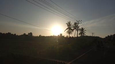 The image captures a rural scene at sunrise or sunset in Seuneubok, Indonesia. The sun is a bright, diffused disc low on the horizon, casting a warm glow across the sky. Silhouetted against the light are several palm trees, their fronds distinct against the luminous backdrop. Overhead, power lines stretch across the frame, supported by utility poles. The foreground shows a dark expanse of what appears to be fields or vegetation, with some taller grasses visible. A paved road runs along the right side of the image, with a white line marking its edge. In the distance, on the road, a few vehicles are visible, their forms indistinct due to the low light and distance. The overall atmosphere is serene and suggests a tranquil moment in a tropical landscape.