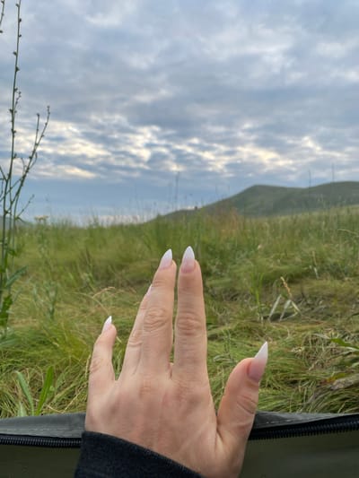 A person's left hand with manicured white-tipped nails is held up against a backdrop of a grassy, hilly landscape under a cloudy sky. The hand is positioned in the foreground, obscuring the lower part of the frame which appears to be the edge of a dark green bag with a zipper. The environment is rural, with tall grasses and rolling hills visible in the distance. The lighting suggests it is either early morning or late afternoon. There is no indication of this location being in the city of Абзаново, Russia.