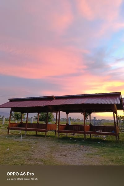 This media file captures a serene sunset scene in Blangkutacoh, Indonesia. The primary subjects are a rustic, open-sided wooden pavilion with a corrugated red roof, situated on a grassy field. Inside the pavilion, there are wooden benches and a few scattered objects, including what appears to be a glass and a blue sphere. Several small trees are planted within and around the structure.
The background reveals a lush, green landscape, likely rice paddies, stretching towards a distant treeline and hills or mountains. The sky is a dominant feature, awash in the warm, vibrant colors of sunset, with hues of pink, orange, and light blue blending together. Wispy clouds are scattered across the sky, further enhancing the picturesque atmosphere.
The time of day is clearly evening, with the sunset casting a warm glow over the entire scene. The weather appears clear and pleasant. The overall emotion conveyed is one of tranquility and natural beauty.
Visible text at the bottom of the image reads "OPPO A6 Pro" and "24 Juni 2026 pukul 18.55," indicating the device used to capture the photo and the date and time it was taken, which is June 24, 2026, at 6:55 PM. No people are visible in the image. The scene suggests a quiet, rural setting, perhaps a resting spot for farmers or visitors enjoying the natural scenery.