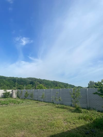The image displays an outdoor daytime scene in Petrivka, Ukraine. The upper two-thirds of the frame reveal a bright blue sky with sparse, wispy white clouds. A distant, densely forested hill, characterized by various shades of green deciduous trees, occupies the mid-background horizon. Several utility poles are visible against the backdrop of the hill. A long, grey, modular concrete fence with a horizontal brick-like textured pattern extends across the middle ground, from left to right. A series of young, slender deciduous trees are planted in a line along the concrete fence. The foreground consists primarily of an unkempt grassy area. To the left, a small, weathered wooden shed with a closed door is visible behind a segment of a lighter-colored fence. Adjacent to the shed, a cultivated garden patch with green plants arranged in rows is present. In the lower right corner of the foreground, two dark-colored sandals are lying on the grass. No individuals are present or engaged in any discernible actions. The scene is illuminated by direct sunlight, casting subtle shadows.