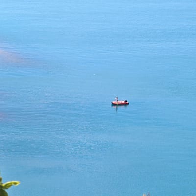 An aerial shot captures a bright, calm blue sea, reflecting a clear sky with slight ripples on the surface. In the middle ground, a small, red inflatable boat is occupied by a single person. The individual, dressed in light-colored clothing, stands in the boat, holding a fishing rod and appears to be actively fishing. An outboard motor is attached to the stern of the boat. To the far left, the blurry green foliage of a plant is visible, suggesting the viewpoint is from a higher elevation, possibly a cliff or hillside overlooking the sea. The overall scene is serene and evokes a sense of peaceful solitude. The location is the Black Sea near Sudak, Crimea, Ukraine.