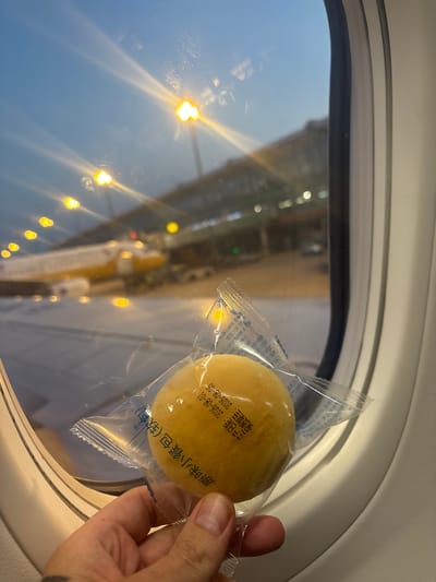 A first-person view from an airplane window shows a hand holding a packaged bread roll with Asian characters and a date "2026-08-01" printed on it. Outside the window, an airplane with yellow and white livery is parked at an airport gate. The scene is illuminated by airport lights, and the sky is a dusky blue. The location is identified as Xinwu District, China.