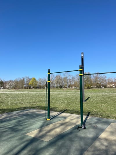 A green metal pull-up bar, with yellow accents, sits in a grassy area in the town of Saint-Brice-Courcelles, France. The bar is situated on a patch of artificial turf, a green and tan surface with a rectangular pattern. The ground is covered in patches of small white flowers. The bar is set against a backdrop of trees that are bare of leaves. The sky is a clear blue, with no clouds.