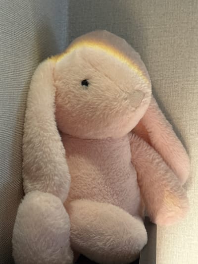 A close-up, slightly overhead shot features a light pink, fluffy stuffed bunny rabbit lying on its side. The bunny is positioned on a textured, light gray surface, possibly a couch or bed, with subtle vertical lines suggesting a fabric weave. To the right of the bunny, a dark gray rectangular object is partially visible, appearing to be a tag or label attached to the toy. The bunny's fur is soft and plush, with a slight sheen from the lighting. Its ears are long and drooped, lying flat against its body. One of its eyes, a small black bead, is visible, peeking out from its face. There's a subtle gradient of yellow-ish light reflecting on the bunny's face and inner ears, suggesting the direction of the light source. The overall mood is gentle and domestic, implying a quiet moment or a display of a beloved toy. No visible text is present.