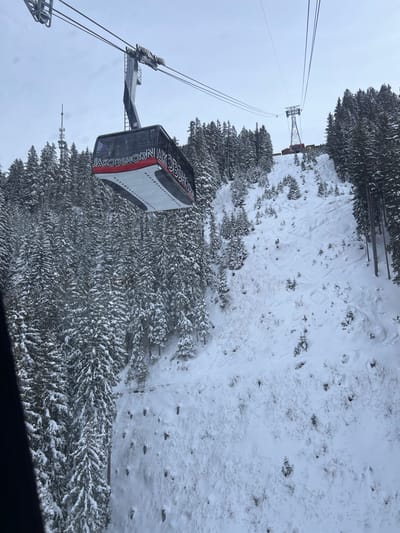 A gondola cabin from the Jakobshorn ski area in Davos, Switzerland, is suspended by cables over a snow-covered mountain landscape under an overcast sky. The black and white cabin, prominently labeled "JAKOBSHORN" in white lettering, is centrally positioned and viewed from within another gondola. To the left, dense evergreen trees are heavily laden with snow. The snow-covered slope on the right features numerous ski tracks, interspersed with small trees and bushes. A metallic gondola pylon is visible further up the slope, supporting the cables. A communication tower stands in the upper left background, behind the trees. No individuals are discernibly present within the visible area.