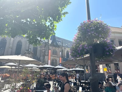 This is a daytime, outdoor shot of a bustling European town square. The scene is dominated by a large, Gothic-style church with intricate stone carvings and tall, arched windows. In the foreground, numerous outdoor cafe tables and umbrellas are set up, suggesting a lively social atmosphere. People are seated at the tables, some eating and drinking, others engaged in conversation, and a few are standing or walking through the square.

A prominent lamppost adorned with a large, overflowing planter of purple and white flowers stands to the right of the frame, adding a touch of vibrant color to the scene. Sunlight filters through the leaves of a large tree in the upper left corner, casting dappled light on the surroundings. The sky is clear and blue, indicating fair weather.

The overall mood is relaxed and convivial, typical of a summer day in a European city. Some people are dressed casually, in t-shirts and light clothing, further suggesting warm weather. The presence of cafe umbrellas and seating implies that this is a popular spot for locals and tourists to gather and enjoy the atmosphere.

Visible text includes "VITO'S" on the cafe tables, and several signs on the buildings in the background, including what appears to be a sign for "BUi" and another with Dutch text. There are also banners hanging from the church with Dutch text, one of which reads "Academische Grote Kerk." The scene is likely in the late morning or early afternoon given the bright sunlight and the activity level of the cafes.