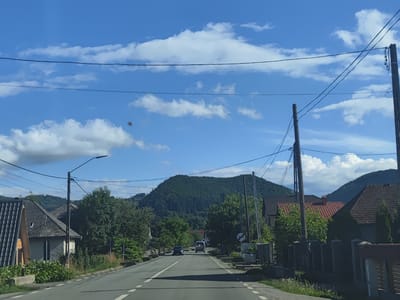 The image shows a view down a two-lane road in Leordina, Romania. The road is lined with houses and trees, and in the distance, a large, tree-covered mountain rises against a blue sky with scattered white clouds. Two cars are visible on the road, one in each lane, moving away from the viewer. There are power lines running across the sky, supported by wooden poles on either side of the road. The houses have tiled roofs and are situated behind fences or walls. The overall scene depicts a rural or semi-rural setting in a mountainous region.