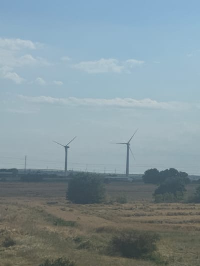 The image displays a rural landscape under a hazy, light blue sky with scattered white clouds. In the mid-ground, two wind turbines stand tall, their blades angled. A flat, dry field occupies the foreground and middle ground, with rows of harvested crops or hay. Trees and low buildings are visible in the distance, along with power lines and pylons, suggesting a developed area nearby. The overall impression is one of a functional, possibly industrial, agricultural setting. The location is Palauzovo, Bulgaria.