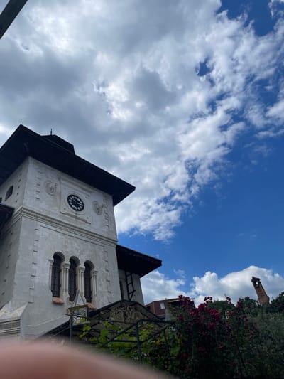 The image, taken from a low angle, shows a partially visible building with a clock tower against a backdrop of a blue sky with white clouds. The building has a pale, textured facade and features arched windows with intricate detailing. A dark, angled roofline extends from the top of the building. A black metal railing with green vines is visible to the right, partially obscuring the building's facade. In the background, a red brick tower with a clock-like structure at its top is visible, partially obscured by lush green trees and vibrant red flowers. The sky suggests it is daytime, with a mix of sunny and cloudy weather. The image appears to be taken in a locale with a European architectural style, possibly a historic or residential area. No people are visible in the image.
