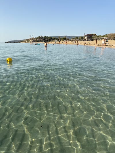 The image captures a sunny beach scene in Nahariah, Israel. The scene depicts the coast where the clear water of the Mediterranean Sea meets the sandy shore. The sea's surface displays an undulating pattern of light and shadow, creating a textured effect. A yellow buoy is floating in the water. The shoreline is populated with people, some of whom are wading in the water, and others are relaxing on the beach. The landscape includes buildings and trees along the coast.