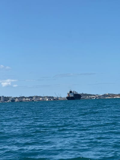 This image depicts the Port of Nouméa and its adjacent cityscape in New Caledonia, viewed from the bay under a clear, bright blue sky. The lower portion of the frame is dominated by rippled, dark blue ocean water. In the mid-ground, a large, dark-hulled cargo ship, consistent with a bulk carrier, is positioned off-center right, oriented with its bow facing right. The vessel exhibits an aft superstructure and multiple cargo hatches. The background features the coastline of Nouméa, extending across the horizon. On the left and central-left, a dense urban area with multi-story buildings and a prominent industrial port facility is visible, characterized by numerous tall gantry cranes and other port infrastructure. A distinctive tall, white, cylindrical building stands on the far left of the city skyline. The right side of the coastline displays residential structures situated on hills. The upper two-thirds of the image consist of a clear, bright blue sky with minimal, scattered white clouds near the horizon line. No individuals or direct human interactions are discernible within the frame.