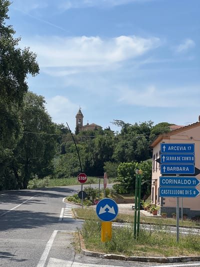 The image depicts a road intersection in or near the town of Barbara, Italy. Several blue directional signs are visible. One sign indicates "BARBARA" with an upward arrow, suggesting it is the direction to Barbara. Other signs point to "ARCEVIA 17", "SERRA DE' CONTI 8", and "CORINALDO 11", and "CASTELLEONE DI S. 8", indicating distances to these locations. A red octagonal stop sign is positioned on a pole. A blue circular traffic sign with two white arrows pointing in opposite directions is also present. The environment includes lush green trees, a building with a terracotta roof, and a church steeple visible in the distance atop a hill. The sky is blue with scattered clouds. The road is paved with white lane markings. The overall scene suggests a rural or semi-rural setting within Italy.