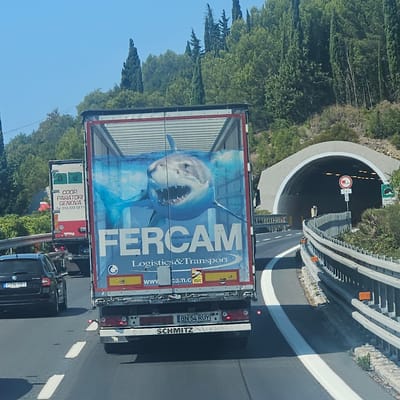 This is a medium-shot, eye-level, outdoor, daytime, vertical, candid, slightly blurred photograph taken from a vehicle on a highway. The scene focuses on the rear of a large, white semi-truck with a trailer that has a graphic of a shark on its side. The truck has the text "FERCAM Logistics & Transport" prominently displayed. In the foreground, the truck's license plate reads "BN 54 RUY". To the left of the truck, a black car is visible with its license plate reading "PSN 151". The highway has a white lane divider. In the background, there is a tunnel entrance with a traffic sign prohibiting trucks over 7.5 tons. The landscape is hilly and covered in lush green trees, consistent with the area around Cipressa, Italy. The sky is clear and blue. There are no people clearly visible in the image.