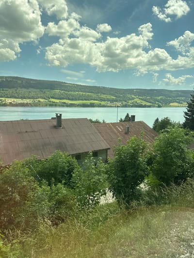 This is an outdoor, eye-level, medium shot photograph taken from an elevated position, likely a hillside overlooking a body of water. The image is oriented vertically, with the sky occupying the left side of the frame and the landscape to the right.

The scene depicts a serene natural landscape with a wide river or lake as the central focus. The water is a calm, pale blue, reflecting the sky. Along the far bank of the water, a densely forested hillside slopes upwards, dotted with scattered green fields and small clusters of buildings, suggesting a rural or semi-rural setting. The sky is a vibrant blue, filled with dramatic, puffy white clouds that are illuminated by sunlight, indicating it is daytime.

In the foreground, the sloping roof of a rustic building is visible, covered in weathered, corrugated metal. A single chimney pipe protrudes from the roof. Lush green trees and vegetation partially obscure the building and extend to the right edge of the frame, creating a sense of depth and framing the view of the water and distant landscape. The overall impression is one of tranquility and natural beauty. There is no visible text. The weather appears to be clear and sunny, with a gentle breeze suggested by the movement of the clouds. The time of day is likely late morning or early afternoon given the brightness of the sunlight. The location cues point to a mountainous or hilly region bordering a significant body of water.