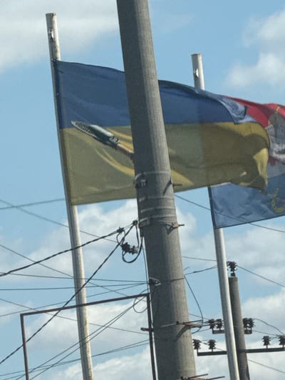 The image captures a scene with multiple utility poles against a bright, cloudy sky. The main utility pole, positioned centrally, is thick and gray, featuring various attachments and wires. To its left, another thinner pole supports a flag. This flag is predominantly blue and yellow, representing the Ukrainian flag, and appears to have an emblem or design of a missile or projectile superimposed on it, angled diagonally across the fabric. Another flag, partially visible behind the main utility pole, shows red and blue colors, and possibly a crest or coat of arms. Further to the right, another utility pole is visible, also adorned with insulators and wires. Wires crisscross the frame, connecting various points and equipment on the poles. The ground is not visible. The overall impression is of an outdoor, potentially semi-urban or rural environment, given the utility infrastructure. The image quality is somewhat grainy, suggesting it was taken with a mobile device or under less than ideal lighting conditions. No individuals are present in the frame. The scene appears to be static, with the flags fluttering gently in the breeze. The specific location in Usatove, Ukraine is not determinable from the visual information alone.