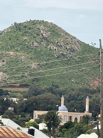 A medium shot captures a mosque with a light brown facade and a blue dome, flanked by two tall minarets. The mosque is nestled amidst lush green trees. In the background, a large, rocky hill covered in green vegetation dominates the landscape under a hazy sky. Several power lines stretch across the frame, supported by a wooden utility pole on the right. In the foreground, rooftops of buildings are visible, one with a corrugated iron roof with a weathered, reddish-brown hue. The scene appears to be set in Gwolong, Nigeria.