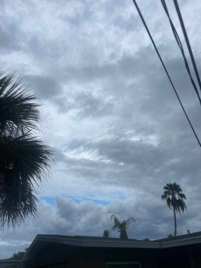 A slightly overcast sky dominates the frame, with patches of blue visible through breaks in the gray clouds. Two power lines are visible cutting diagonally across the upper right portion of the image. In the foreground, the dark roofline of a building is visible, with portions of palm trees extending into the frame from the left and right. One palm tree is tall and slender on the right, while another, shorter and more weathered palm is visible in the middle ground. The overall impression is that of a residential area under a cloudy sky, possibly in a tropical or subtropical climate given the presence of palm trees.
