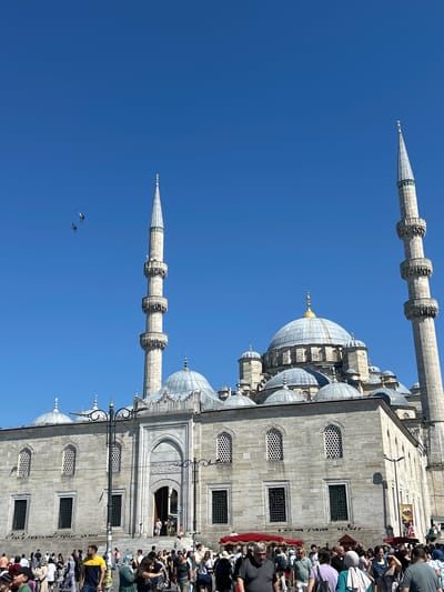 The image shows the Yeni Camii (New Mosque) in the Fatih district of Istanbul, Turkey. The mosque is a large, impressive structure made of stone, featuring multiple domes and two prominent minarets. The sky is clear and blue, indicating a sunny day.
In front of the mosque, a crowd of people is gathered, suggesting a public space or tourist attraction. Some people are walking, while others appear to be standing and observing the mosque. There are also several pigeons in the foreground and in the air around the minarets. Red awnings are visible, possibly indicating food vendors or stalls.
The architecture of the mosque is a key feature, with intricate details on the minarets and domes. The stone facade of the building is visible, along with arched windows and doorways. The overall scene conveys a sense of bustling activity in a historically significant location.