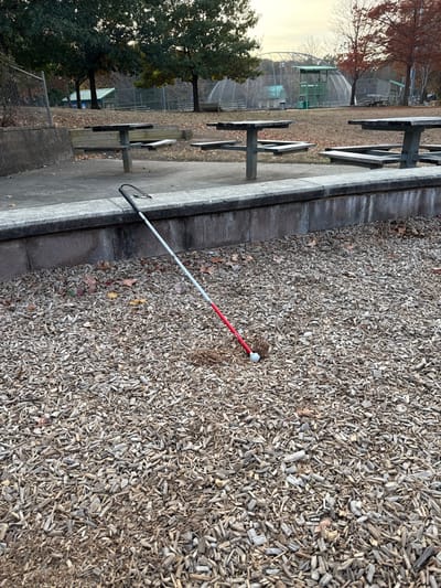A red-and-white long cane lies on the ground next to a gray concrete border. Wood chips cover the ground, scattered with a few leaves. Several picnic tables are visible on the concrete surface, aligned in a row. Behind them are trees with some bare branches and a distant fenced area, possibly a baseball field. The scene suggests a park or recreational area on a cloudy day.