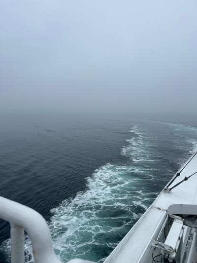 The image shows the side of a white ferryboat as it travels through dark, choppy water. The water has a teal hue and is covered in white foam and waves. The ferryboat's hull is white and appears weathered. There are some cables attached to the side of the boat. The background is a soft, hazy grey, suggesting a foggy or overcast day. The image is oriented vertically, with the water occupying the left side and the ferryboat on the right. A white railing is visible in the foreground, also appearing to be part of the ferryboat. The overall mood is one of travel and perhaps a bit of isolation due to the fog. The location is Stavanger, Norway. The time of day is not clearly indicated but the lighting suggests it could be daytime. No people are visible in the image.
