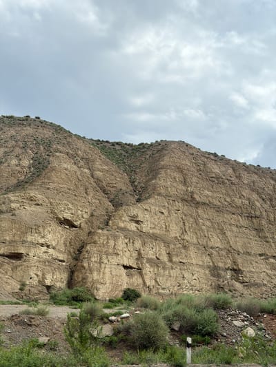 The image captures a vast, rugged mountainside in Krasnyy Most, Kyrgyzstan, under a cloudy sky. The mountain itself is characterized by its stratified, eroded rock formations, predominantly in shades of brown and tan. Sparse green vegetation, appearing as low bushes and grasses, clings to the lower slopes and the rocky ground at the base of the mountain. A dirt road or path is visible at the bottom of the frame, with more green foliage growing alongside it. The overall impression is one of a natural, arid landscape.