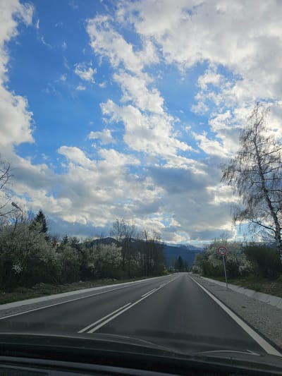 The image depicts a road receding into the distance under a bright blue sky with scattered white clouds. The road is asphalt, with double white lines marking the center and a gray shoulder on the right. A "70" speed limit sign is visible on the right side of the road. Mountains are visible in the distance between the trees. Bare trees frame the top of the image on the left, while blossoming trees line the side of the road. A portion of a vehicle is visible on the right, suggesting the image was taken from inside a car. The location is potentially Mezdreya, Bulgaria, based on the landscape.