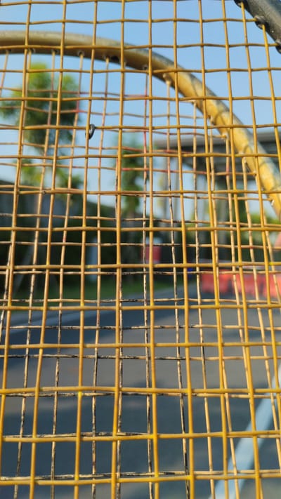 A close-up, low-angle shot captures the yellow strings of a tennis racket against a blurred background of trees and a clear blue sky. The racket is positioned horizontally in the frame, with the strings forming a grid pattern. A single, dark, oblong object, possibly a small bug or debris, is visible on one of the strings, slightly off-center. The foreground is dominated by the racket's netting, with the background showing hints of greenery and possibly red structures. The overall lighting suggests an outdoor setting, likely during the day. The location is Trosobo, Indonesia.