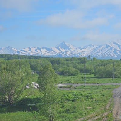 The image depicts a scenic mountain landscape in Sokoch, Russia. The primary subjects are the majestic snow-capped mountains in the background, a lush green field with trees and vegetation in the foreground, and a road running alongside the field. There are also utility poles with wires visible, suggesting the presence of infrastructure. The activity or event taking place is not explicitly shown; it appears to be a still landscape image.

Notable details include the time of day, which seems to be daytime with bright sunlight casting shadows, and the weather, which appears to be clear with some clouds in the sky. The snow on the mountains indicates a high altitude or a season where snow still lingers. The greenery suggests a temperate climate, possibly late spring or summer. The presence of a road and utility poles points to a location that is accessible and inhabited, though the overall atmosphere is one of natural beauty and tranquility. No text is visible in the image.