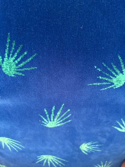 The media file displays a close-up, angled view of a blue fabric with a repeating pattern of light green, fan-shaped designs that resemble palm fronds or stylized sunbursts. The texture of the fabric is visible, suggesting it might be a towel or a similar soft material. The light green pattern is somewhat fuzzy and appears to be woven or printed onto the blue background. The image is static, with no discernible activity or event taking place. There is no visible text. The lighting appears to be natural, but there are no strong cues to indicate time of day or weather conditions. The setting is abstract due to the close-up on the fabric's pattern, with no background elements visible. The context provided places the location in Shafir Regional Council, Israel, but this information cannot be inferred from the image itself.