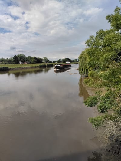 This media file captures a serene river scene on a cloudy day, likely in Heiligenstedten, Germany. The main subject is a long, flat-bottomed barge, painted black with a white and red superstructure, navigating the calm, brown water of a river. The barge appears to be in motion, leaving a subtle wake behind it.
The setting is a lush, green riverbank on the left side of the frame, dotted with trees and a few small buildings with red roofs. The trees are dense and varied, suggesting a temperate climate. On the right side of the frame, a large, weeping willow tree with cascading branches dominates the foreground, its verdant foliage contrasting with the darker water. The sky is filled with a mix of white and grey clouds, indicating overcast weather that might be typical for the region.
The overall mood is tranquil and picturesque, with the gentle movement of the barge and the reflections on the water adding to the peaceful atmosphere. The time of day appears to be daytime, given the brightness of the sky and the overall visibility. There is no visible text in the image. The scene evokes a sense of calm and the quiet beauty of a working waterway.