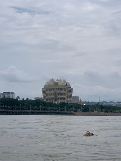 The image depicts a wide, murky river in the foreground, with a cluster of brown debris floating on its surface. In the midground, a tree-lined embankment forms a border between the river and the city. Behind the trees, several buildings are visible, including a striking, tiered hotel with a distinctive crown-like roof structure. To the left of this hotel, a rectangular, modern building with many windows can be seen. Further in the background, more buildings and a distant mountain range are visible under a cloudy sky. The scene is consistent with a view from the Mekong River in Chiang Saen District, Thailand, a region known for its scenic beauty and bustling river traffic.