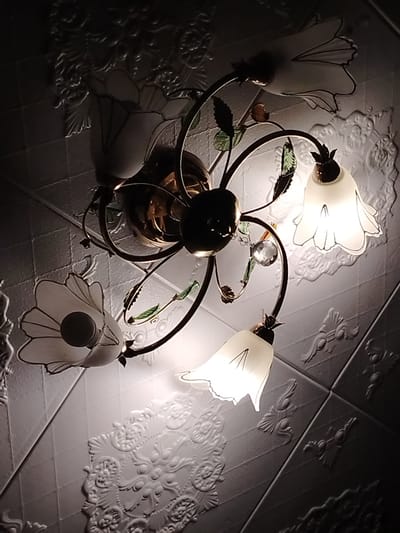 The image shows a ceiling lamp with four floral-shaped glass lampshades. The lamp is ornate, with metal branches and decorative leaves. The ceiling itself has embossed decorative tiles. The lighting is dim, with the lampshades being the primary source of illumination. There are no people visible in the image. The location in Lyzhkovo, Russia, is not discernible from the visual information provided in the image.